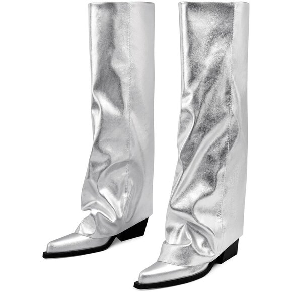 Women Silver Wide Calf Slouchy Shark Pointed Toe  Fold Over Knee High Tall Boots - Picture 1 of 8